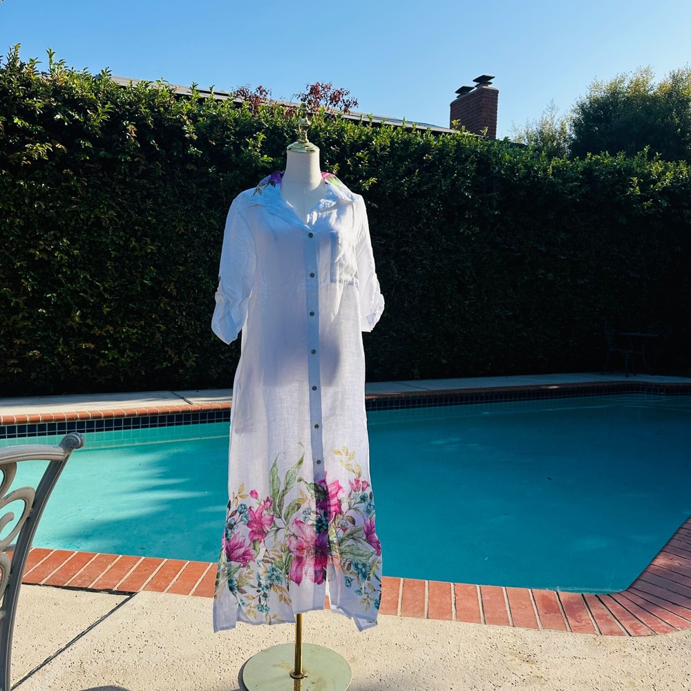 Made in Italy Womens White Floral Linen Shirt Dress Maxi Roll Tab Sleeve NWT - Picture 3 of 3